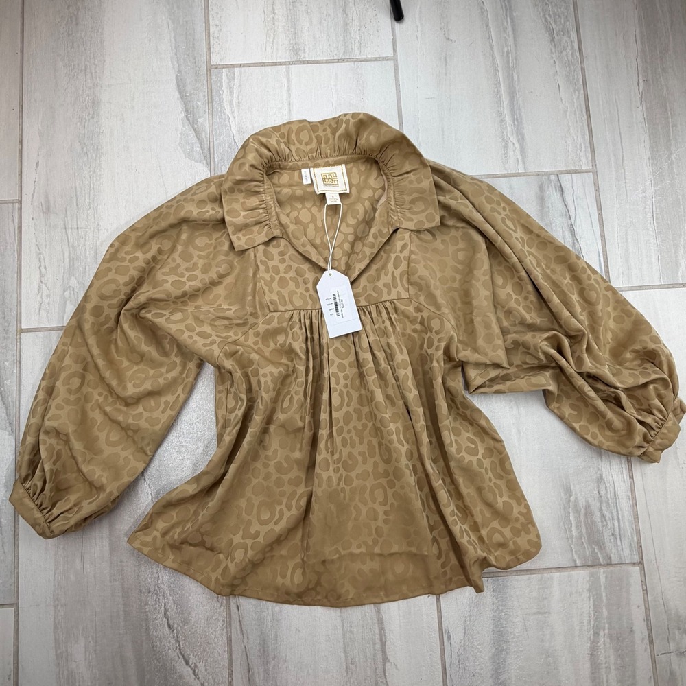 Emily McCarthy Stella Top Camel Cheetah Jacquard Ruffle Balloon Sleeve Blouse S